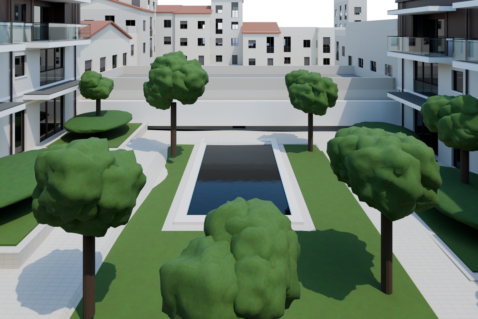 Patio interior con piscina y zonas verdes